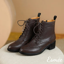 Load image into Gallery viewer, Brown-Leather-Marten-Boots-with-Brogue-Design-product-shots
