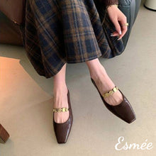 Load image into Gallery viewer, Brown-Leather-Maryjanes-with-Golden-Coin-Design-model-shots
