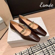 Load image into Gallery viewer, Brown-Leather-Maryjanes-with-Golden-Coin-Design-product-shots
