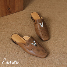 Load image into Gallery viewer, Brown-Leather-Mules-with-V-Metal-Buckle-product-shots
