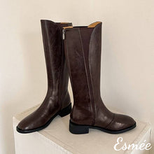 Load image into Gallery viewer, Brown-Leather-Riding-Long-Boots-with-V-Shaped-Ribbon-Design-product-shots
