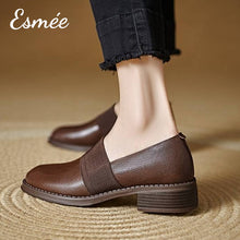 將圖片載入圖庫檢視器 Brown-Leather-Rounded-Loafers-with-Thick-Straps-design-model-shots

