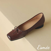 Load image into Gallery viewer, Brown-Leather-Squared-Toe-Ballets-with-Vintage-and-Bow-Knot-Design-product-shots
