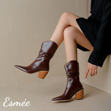 Load image into Gallery viewer, Brown-Shiny-Leather-Cowboy-Mid-Boots-with-Block-Heels-model-shots
