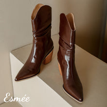 Load image into Gallery viewer, Brown-Shiny-Leather-Cowboy-Mid-Boots-with-Block-Heels-product-shots
