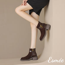 Load image into Gallery viewer, Brown-Suede-Ankle-Boots-with-Leather-Buckle-Straps-model-shots
