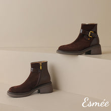 Load image into Gallery viewer, Brown-Suede-Ankle-Boots-with-Leather-Buckle-Straps-product-shots
