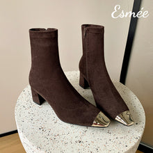 Load image into Gallery viewer, Brown-Suede-Ankle-Boots-with-Metallic-Toe-Cap-and-Block-Heels-product-shots
