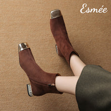 Load image into Gallery viewer, Brown-Suede-Ankle-Boots-with-Metallic-Toe-Cap-and-Rhinestone-Heels-model-shots
