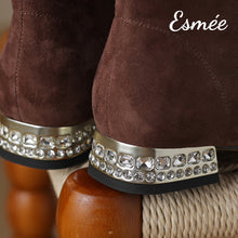 將圖片載入圖庫檢視器 Brown-Suede-Ankle-Boots-with-Metallic-Toe-Cap-and-Rhinestone-Heels-product-shots-detail
