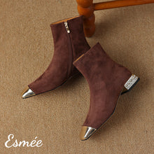 Load image into Gallery viewer, Brown-Suede-Ankle-Boots-with-Metallic-Toe-Cap-and-Rhinestone-Heels-product-shots
