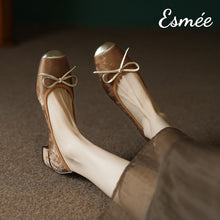 Load image into Gallery viewer, Brown-Suede-Ballerina-Low-Heels-with-Golden-Toe-Cap-andBow-Knot-model-shots
