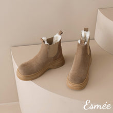 Load image into Gallery viewer, Brown-Suede-Chelsea-Boots-with-Sheep-Hair-Design-product-shots
