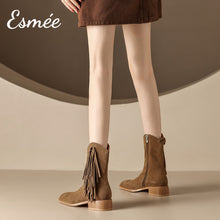 Load image into Gallery viewer, Brown-Suede-Cowboy-Boots-with-Vassel-Design-model-shots
