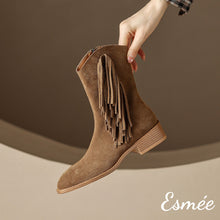 Load image into Gallery viewer, Brown-Suede-Cowboy-Boots-with-Vassel-Design-product-shots
