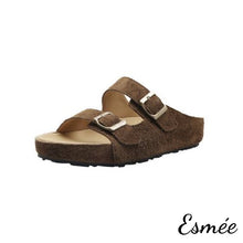 將圖片載入圖庫檢視器 Brown-Suede-Flat-Sandals-with-Double-Thick-Straps-Design-product-shots-white-background
