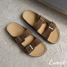 將圖片載入圖庫檢視器 Brown-Suede-Flat-Sandals-with-Double-Thick-Straps-Design-product-shots
