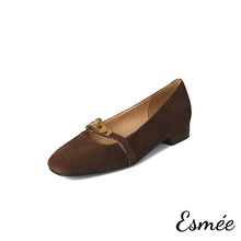 Load image into Gallery viewer, Brown-Suede-Flats-with-Metal-Lock-Design-product-shots-white-background
