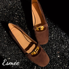 Load image into Gallery viewer, Brown-Suede-Flats-with-Metal-Lock-Design-product-shots
