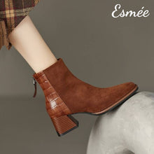 將圖片載入圖庫檢視器 Brown-Suede-High-Heel-Ankle-Boots-with-Alligator-Pattern-Design-model-shots
