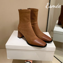 Load image into Gallery viewer, Brown-Suede-High-Heel-Ankle-Boots-with-Leather-Toe-Cap-product-shots
