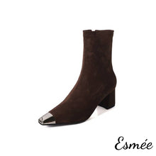 將圖片載入圖庫檢視器 Brown-Suede-High-Heel-Ankle-Boots-with-Metallic-Toe-Cap-product-shots-white-background
