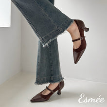 Load image into Gallery viewer, Brown-Suede-High-Heel-Maryjane-with-Brogue-Design-model-shots
