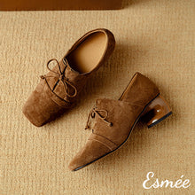 Load image into Gallery viewer, Brown-Suede-High-Heel-Oxford-Shoes-woth-Squared-Toe-Design-product-shots
