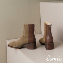 Load image into Gallery viewer, Brown-Suede-Leather-Ankle-Boots-with-Block-Heels-product-shots
