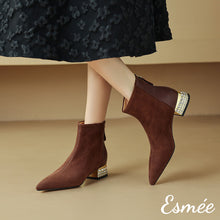 Load image into Gallery viewer, Brown-Suede-Leather-Ankle-Boots-with-Rhinestone-Heels-model-shots
