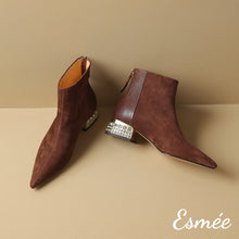 Load image into Gallery viewer, Brown-Suede-Leather-Ankle-Boots-with-Rhinestone-Heels-product-shots
