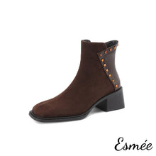 Load image into Gallery viewer, Brown-Suede-Leather-Ankle-Boots-with-Rivets-Design-product-shots-white-background
