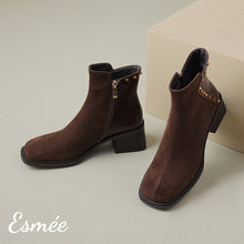 Load image into Gallery viewer, Brown-Suede-Leather-Ankle-Boots-with-Rivets-Design-product-shots
