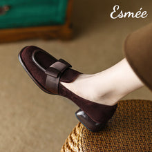 Load image into Gallery viewer, Brown-Suede-Loafers-with-Bow-Knot-Design-model-shots
