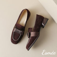 Load image into Gallery viewer, Brown-Suede-Loafers-with-Bow-Knot-Design-product-shots
