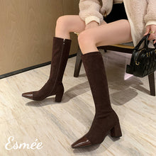 Load image into Gallery viewer, Brown-Suede-Long-Boots-with-Shiny-Leather-Toe-Cap-model-shots
