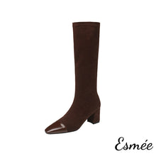 將圖片載入圖庫檢視器 Brown-Suede-Long-Boots-with-Shiny-Leather-Toe-Cap-product-shots-white-background
