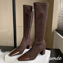 Load image into Gallery viewer, Brown-Suede-Long-Boots-with-Shiny-Leather-Toe-Cap-product-shots
