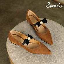 Load image into Gallery viewer, Brown-Suede-Low-Heels-with-Bow-Knot-Straps-product-shots
