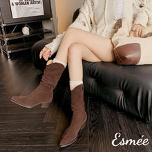 Load image into Gallery viewer, Brown-Suede-Pointed-Toe-Riding-Boots-model-shots
