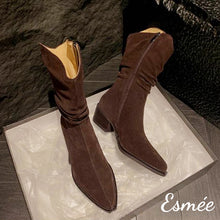 Load image into Gallery viewer, Brown-Suede-Pointed-Toe-Riding-Boots-product-shots
