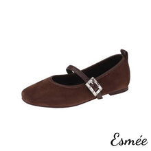 Load image into Gallery viewer, Brown-Suede-Rounded-Toe-Maryjanes-with-Rhinestone-Buckle-Design-product-shots-white-background
