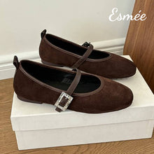 Load image into Gallery viewer, Brown-Suede-Rounded-Toe-Maryjanes-with-Rhinestone-Buckle-Design-product-shots
