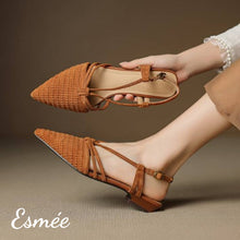 Load image into Gallery viewer, Brown-Suede-Slingback-with-Woven-Design-model-shots
