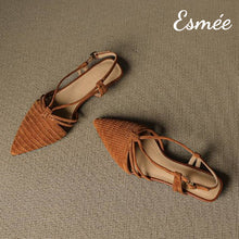 Load image into Gallery viewer, Brown-Suede-Slingback-with-Woven-Design-product-shots
