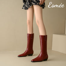 Load image into Gallery viewer, Burgundy-Leather-Long-Boots-with-Almond-Toe-model-shots
