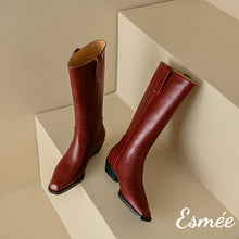 Load image into Gallery viewer, Burgundy-Leather-Long-Boots-with-Almond-Toe-product-shots
