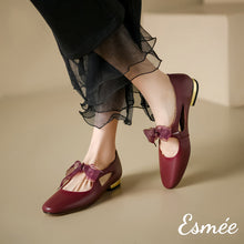 Load image into Gallery viewer, Burgundy-Leather-Maryjanes-with-Bow-Knot-Design-model-shots
