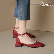 Load image into Gallery viewer, Burgundy-Leather-Sandals-with-Bow-Knot-and-Ankle-Straps-model-shots
