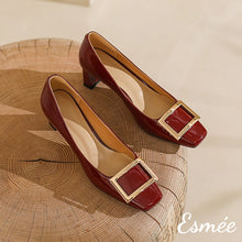 Load image into Gallery viewer, Burgundy-Patent-Leather-5.5cm-High-Heels-with-Metal-Buckle-product-shots
